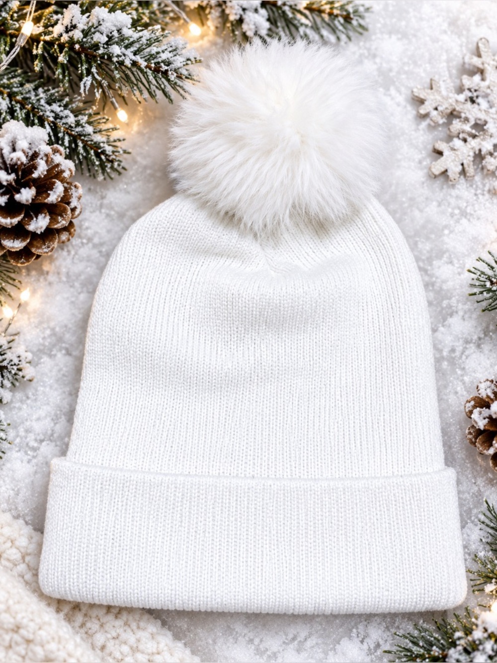Cozy White Pom Beanie Hat